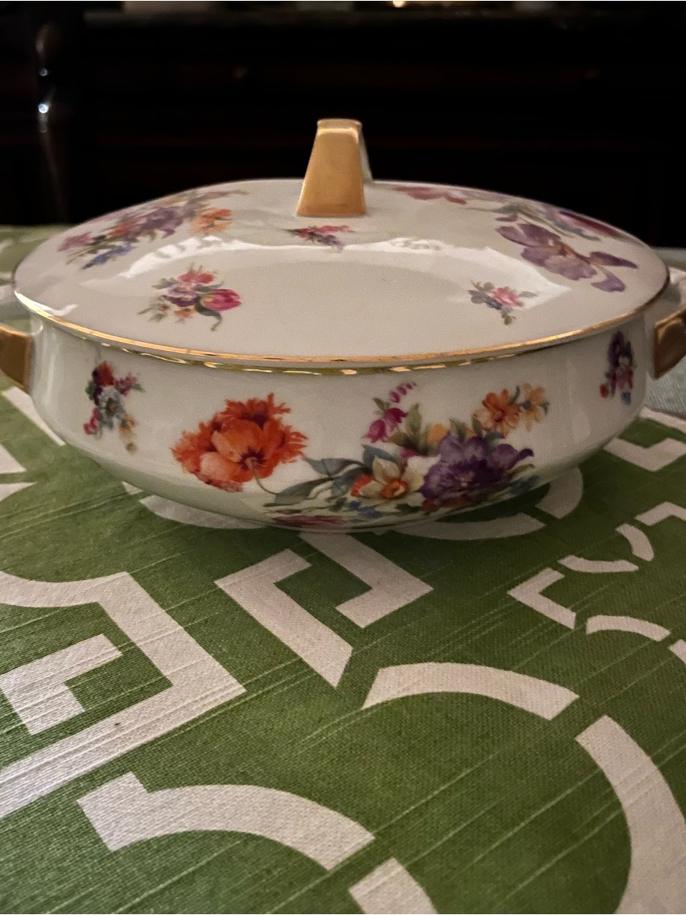 Porcelain Floral Covered Serving Bowl in White and Gold